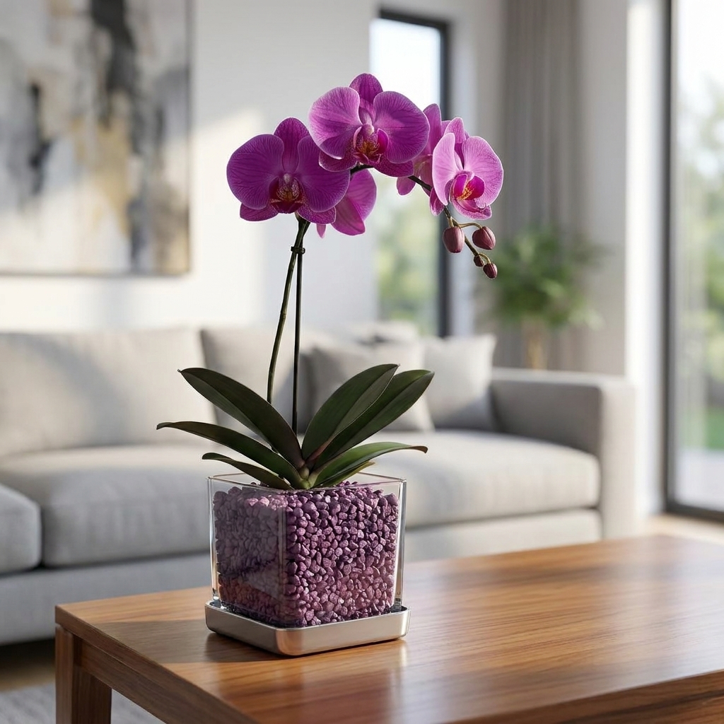 Phalaenopsis mit violettem Orchideengranulat im Colomi Care Topf mit Untersetzer