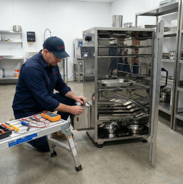 Elektriker bei Reperatur von einem Räucherofen