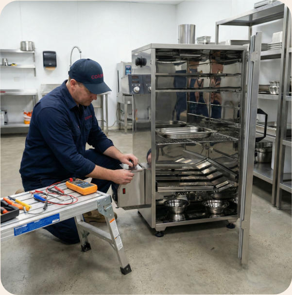 Elektriker bei Reperatur von einem Räucherofen