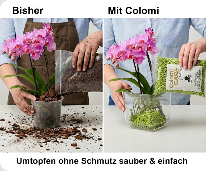 Mit Colomi Orchideengranulat bleiben Hände und Arbeitsflächen sauber