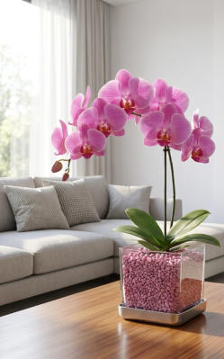 Beispiel Bilder von verschieden Orchideen in Glasgefäßen und Orchitop mit Colomi Orchideensubstrat