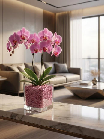 Beispiel Bilder von verschieden Orchideen in Glasgefäßen und Orchitop mit Colomi Orchideensubstrat