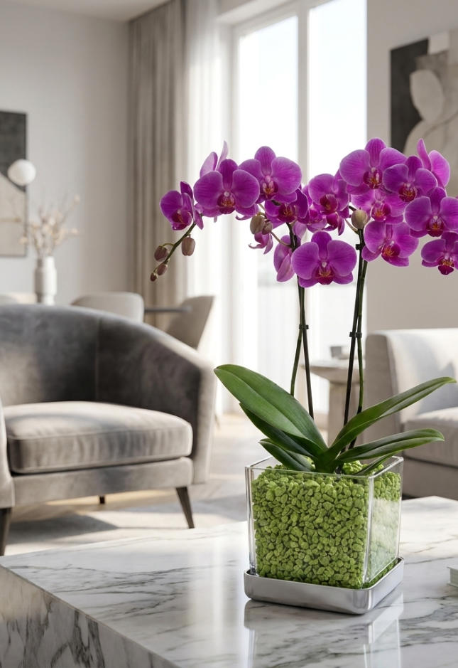 Beispiel Bilder von verschieden Orchideen in Glasgefäßen und Orchitop mit Colomi Orchideensubstrat