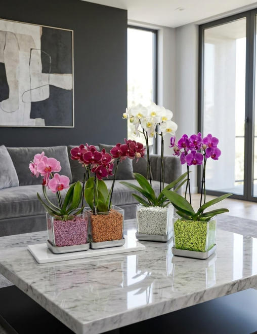 Beispiel Bilder von verschieden Orchideen in Glasgefäßen und Orchitop mit Colomi Orchideensubstrat
