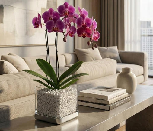 Beispiel Bilder von verschieden Orchideen in Glasgefäßen und Orchitop mit Colomi Orchideensubstrat