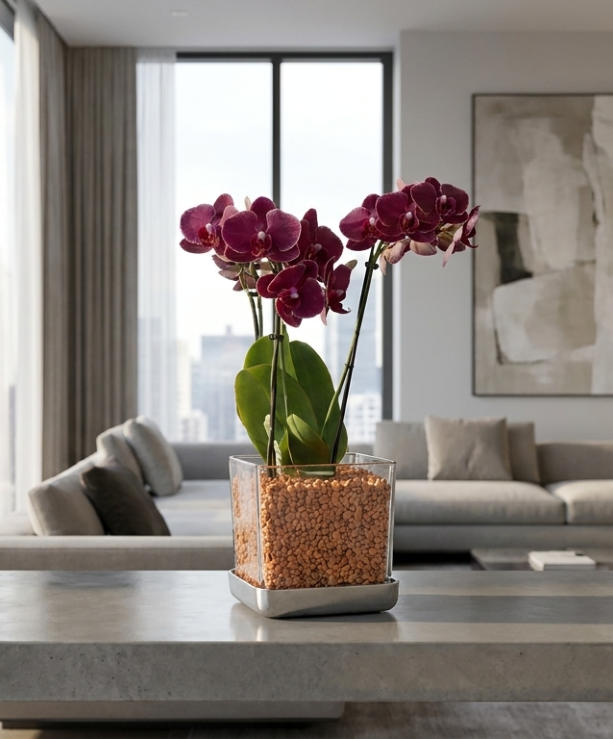 Beispiel Bilder von verschieden Orchideen in Glasgefäßen und Orchitop mit Colomi Orchideensubstrat