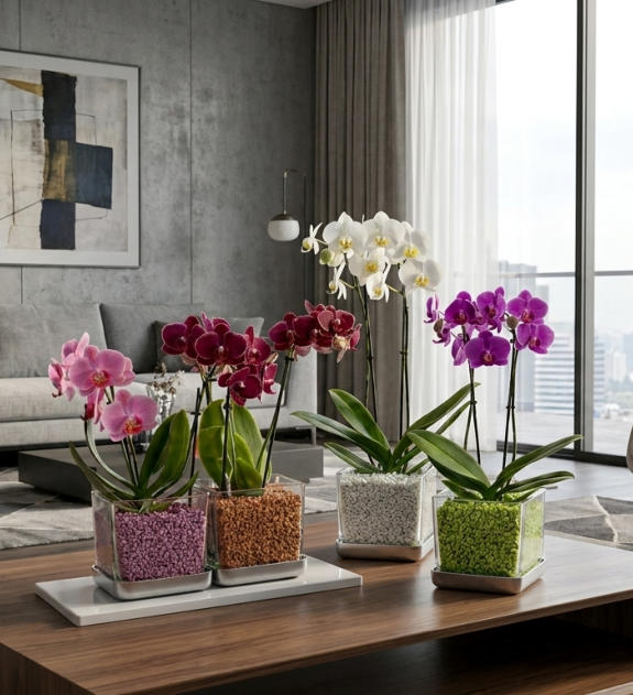 Beispiel Bilder von verschieden Orchideen in Glasgefäßen und Orchitop mit Colomi Orchideensubstrat