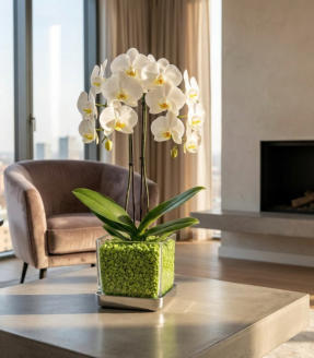 Beispiel Bilder von verschieden Orchideen in Glasgefäßen und Orchitop mit Colomi Orchideensubstrat