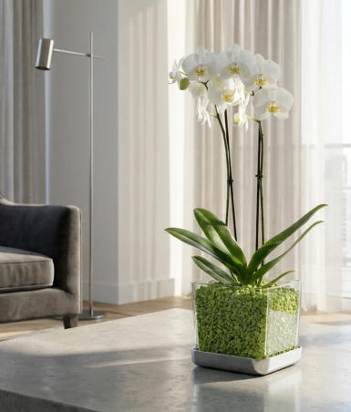 Beispiel Bilder von verschieden Orchideen in Glasgefäßen und Orchitop mit Colomi Orchideensubstrat