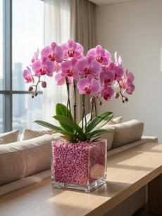 Beispiel Bilder von verschieden Orchideen in Glasgefäßen und Orchitop mit Colomi Orchideensubstrat
